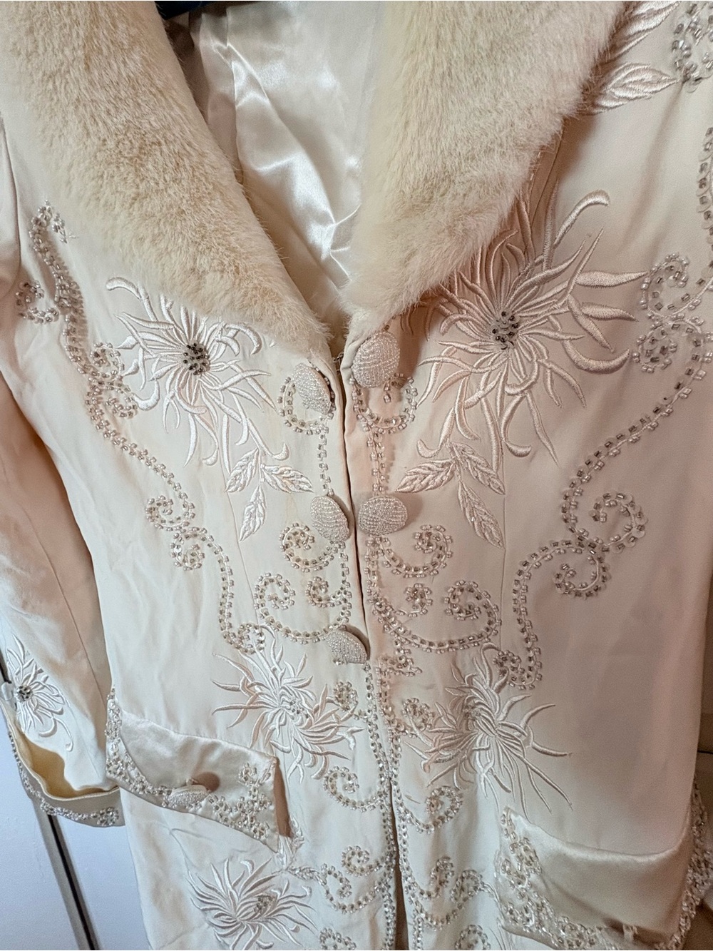 Rare Sue Wong Silk, Beaded & Embroidered Dress Coat with Faux Fur Collar